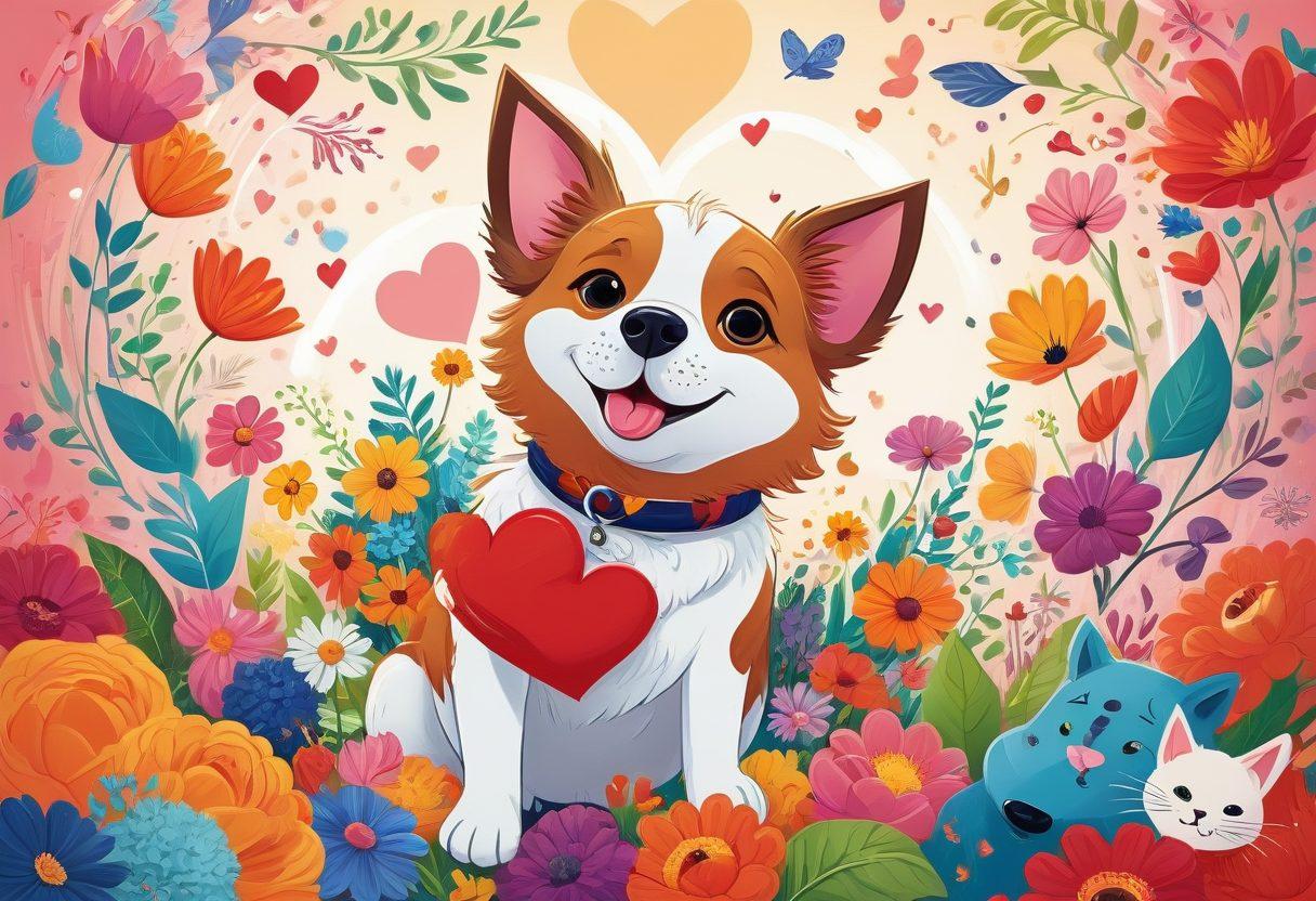 A whimsical illustration depicting a heart-shaped explosion of vibrant colors, surrounded by cartoonish characters expressing wild affection in exaggerated poses. Include playful animals like cats and dogs, each showcasing their unique ways of showing love, such as a dog with flowers and a cat cuddling a stuffed toy. The background features quirky patterns and doodles that evoke a sense of joy and madness. Bright, bold colors to enhance the playful theme. cartoon style. vibrant colors.
