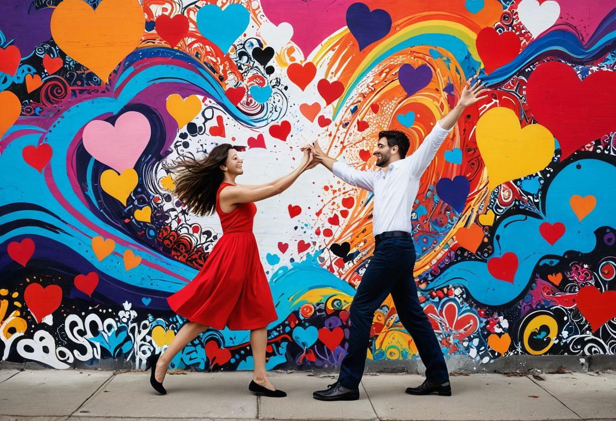A whimsical and colorful representation of two lovers surrounded by abstract shapes symbolizing their unique quirks and passions. One partner is playfully juggling hearts while the other is painting vibrant graffiti on a wall, showcasing their dynamic connection. The background includes swirling patterns and playful doodles that capture the essence of crazy love. The scene should convey warmth, energy, and eccentricity. vibrant colors. surrealistic.