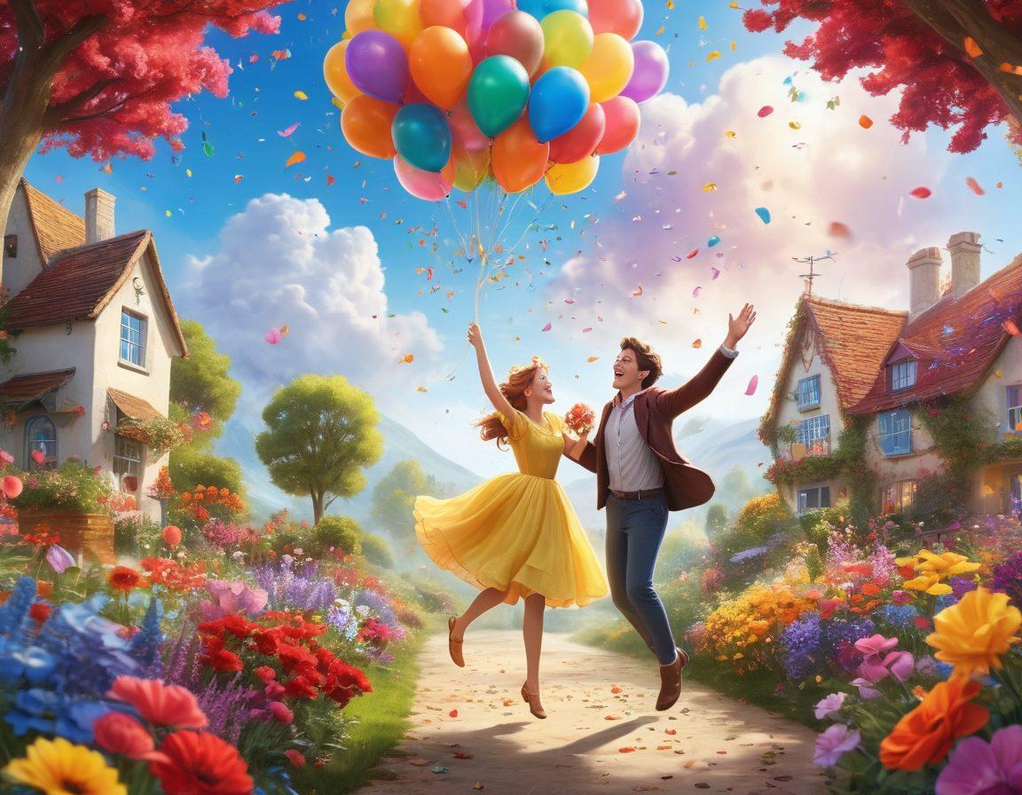 A whimsical illustration of two characters, joyfully celebrating their unique romance in a vibrant, colorful garden filled with flowers and playful elements like balloons and confetti. The characters are mid-laughter, with one character playfully tossing a flower, while the other catches it. In the background, add a rainbow and whimsical creatures joining the fun, emphasizing a sense of adventure and joy. cartoon style. vibrant colors. soft focus.